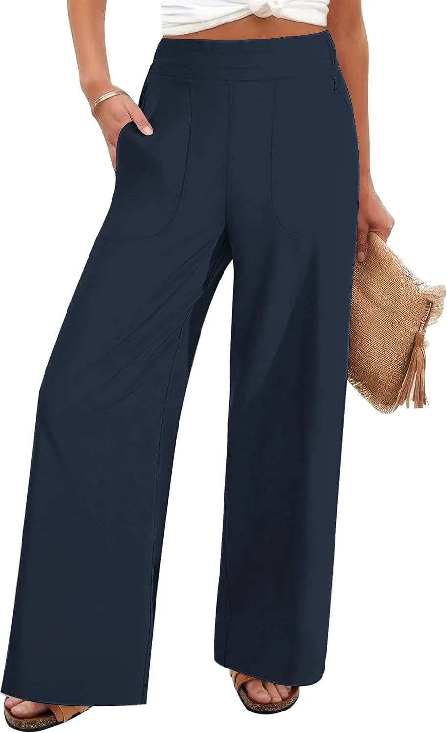 FireSwan Women's Wide Leg Work Pants High Elastic Waist Dress Palazzo Pants Trousers with Zipper Pockets