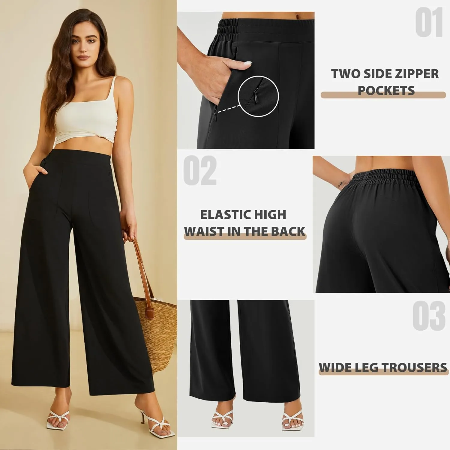 FireSwan Women's Wide Leg Work Pants High Elastic Waist Dress Palazzo Pants Trousers with Zipper Pockets