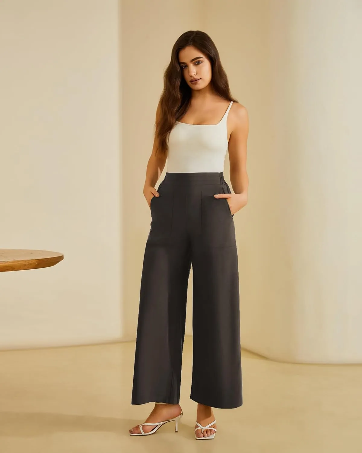 FireSwan Women's Wide Leg Work Pants High Elastic Waist Dress Palazzo Pants Trousers with Zipper Pockets