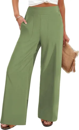 FireSwan Women's Wide Leg Work Pants High Elastic Waist Dress Palazzo Pants Trousers with Zipper Pockets