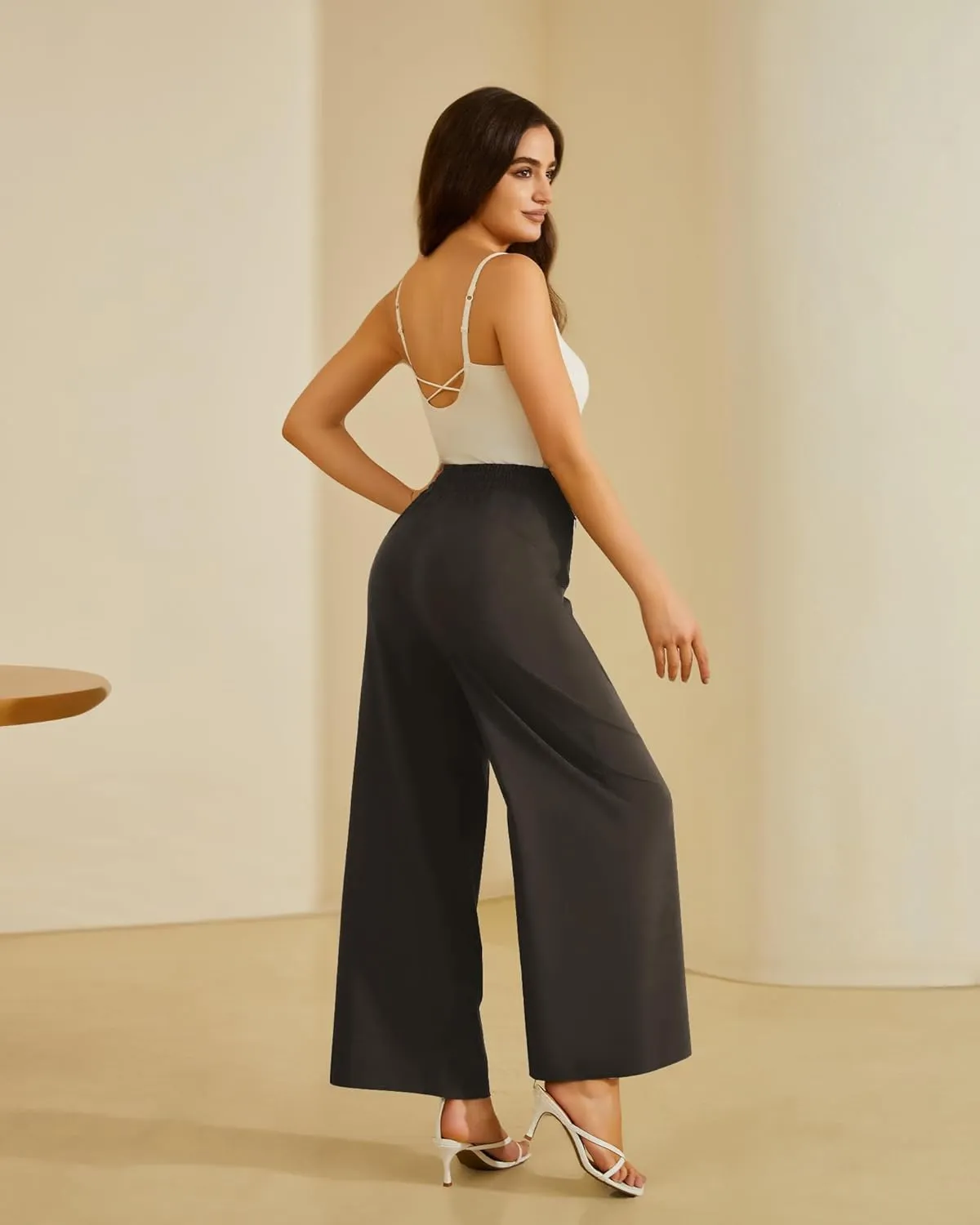 FireSwan Women's Wide Leg Work Pants High Elastic Waist Dress Palazzo Pants Trousers with Zipper Pockets