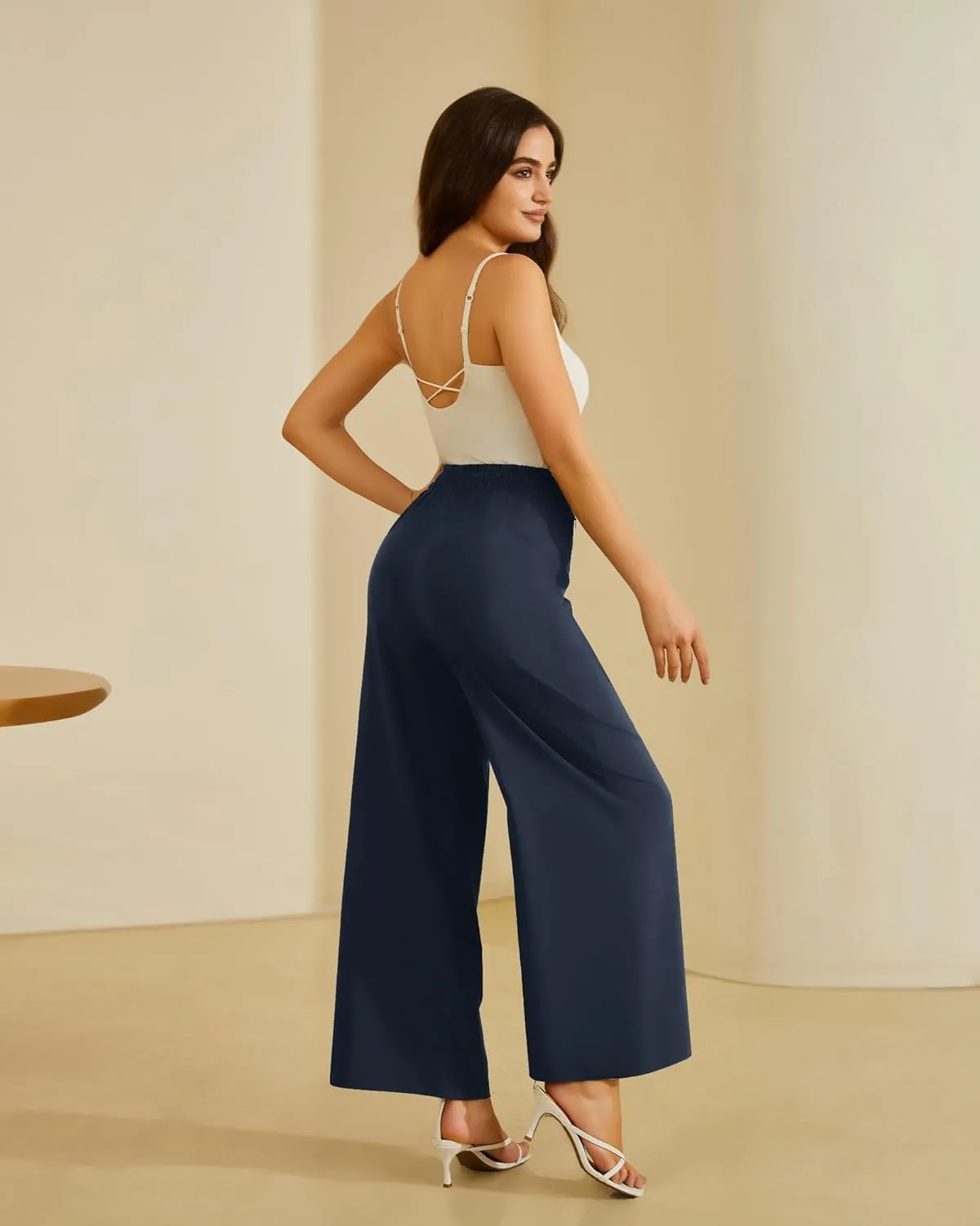 FireSwan Women's Wide Leg Work Pants High Elastic Waist Dress Palazzo Pants Trousers with Zipper Pockets