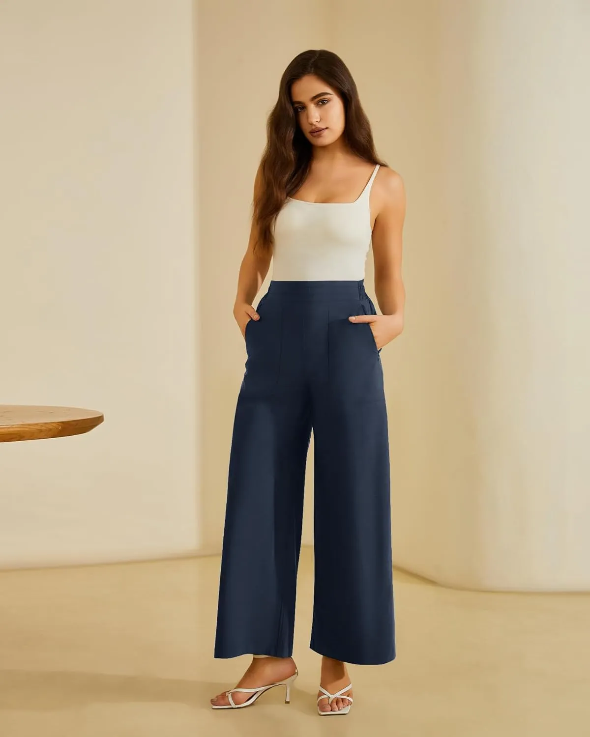 FireSwan Women's Wide Leg Work Pants High Elastic Waist Dress Palazzo Pants Trousers with Zipper Pockets