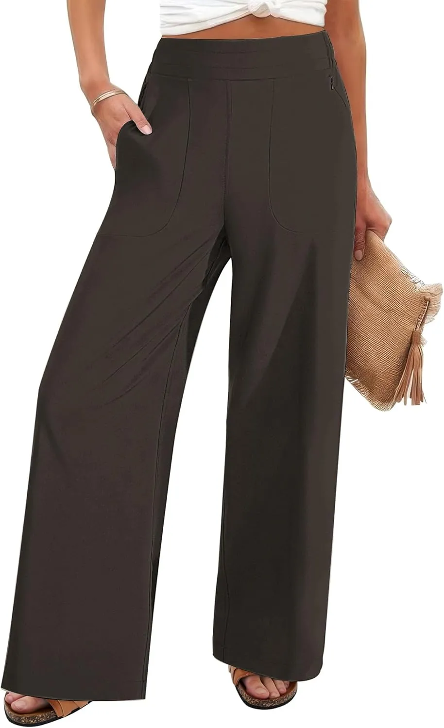 FireSwan Women's Wide Leg Work Pants High Elastic Waist Dress Palazzo Pants Trousers with Zipper Pockets