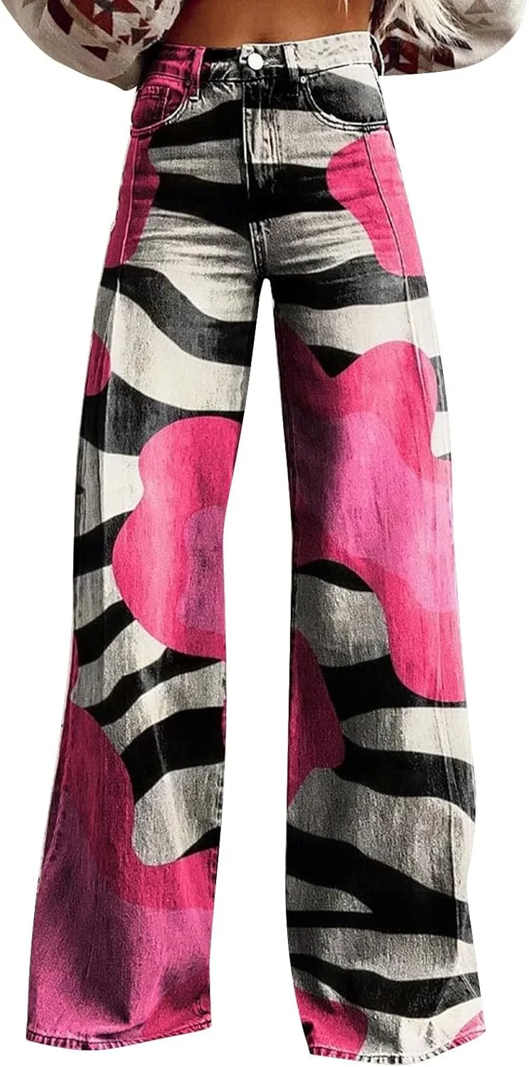Flare Jeans for Women Wide Leg Baggy Pants Vintage Floral Print High Waisted Straight Stretch Pants with Pockets