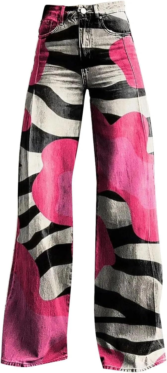 Flare Jeans for Women Wide Leg Baggy Pants Vintage Floral Print High Waisted Straight Stretch Pants with Pockets