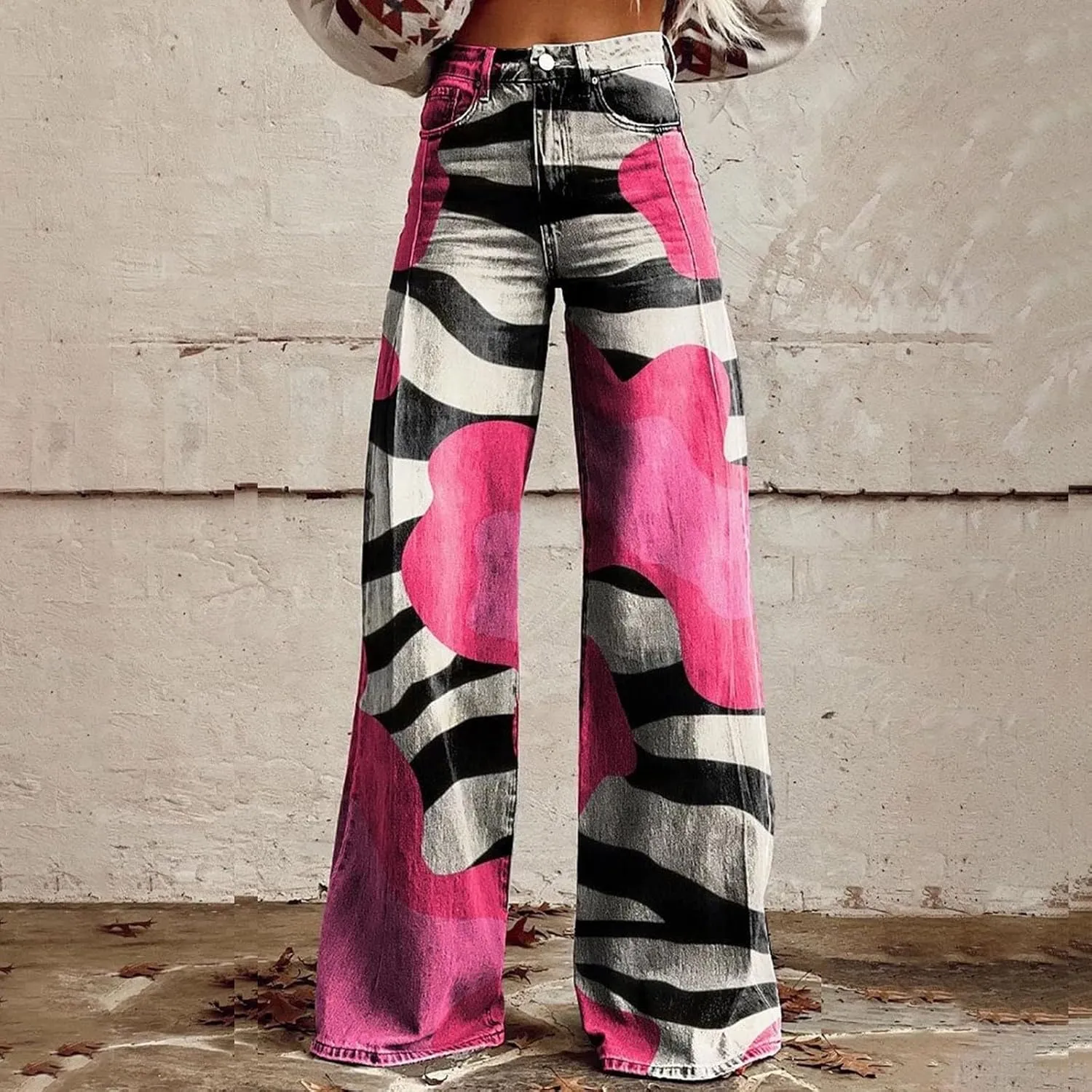 Flare Jeans for Women Wide Leg Baggy Pants Vintage Floral Print High Waisted Straight Stretch Pants with Pockets