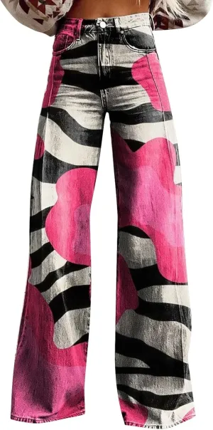 Flare Jeans for Women Wide Leg Baggy Pants Vintage Floral Print High Waisted Straight Stretch Pants with Pockets