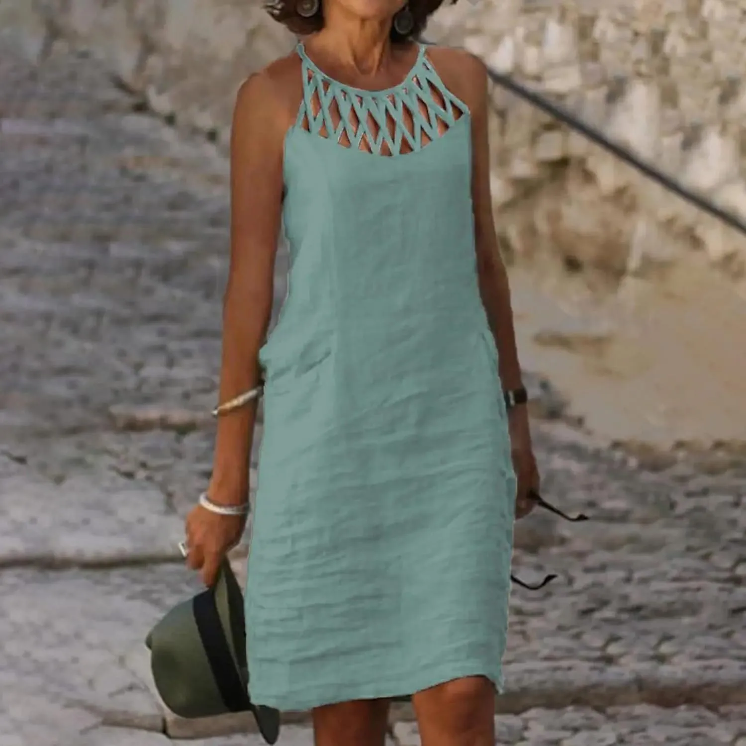 Floral Embroidered Shift Dress for Women V Neck Casual Summer Tunic Dresses Loose Fit Short Sleeve Elegant Style Dress