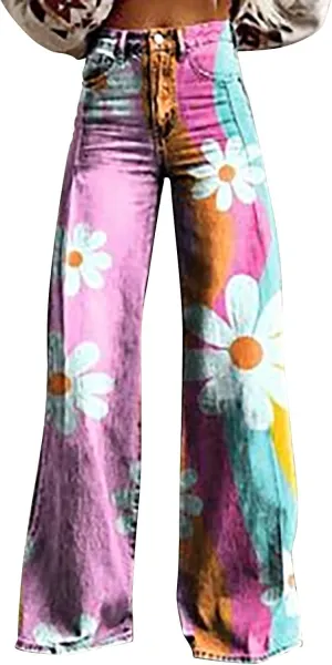 Floral Jeans for Women 2025 Wide Leg Baggy Pant Vintage Floral Print High Waisted Straight Stretch Pants with Pocket