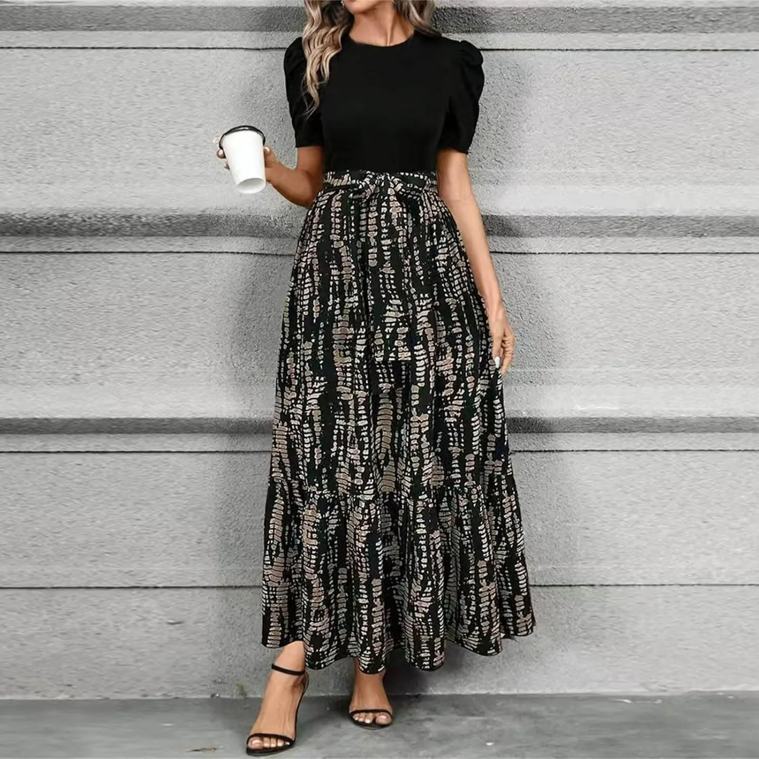 Floral Maxi Dresses for Women Elegant Patchwork Short Sleeve Tie Waist Wrap Dress Boho Summer Casual Teacher Dresses