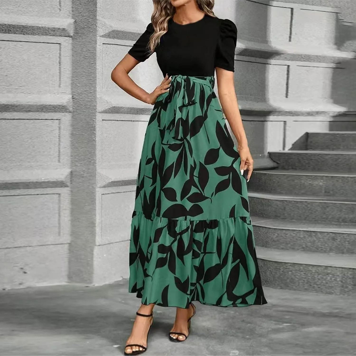 Floral Maxi Dresses for Women Elegant Patchwork Short Sleeve Tie Waist Wrap Dress Boho Summer Casual Teacher Dresses