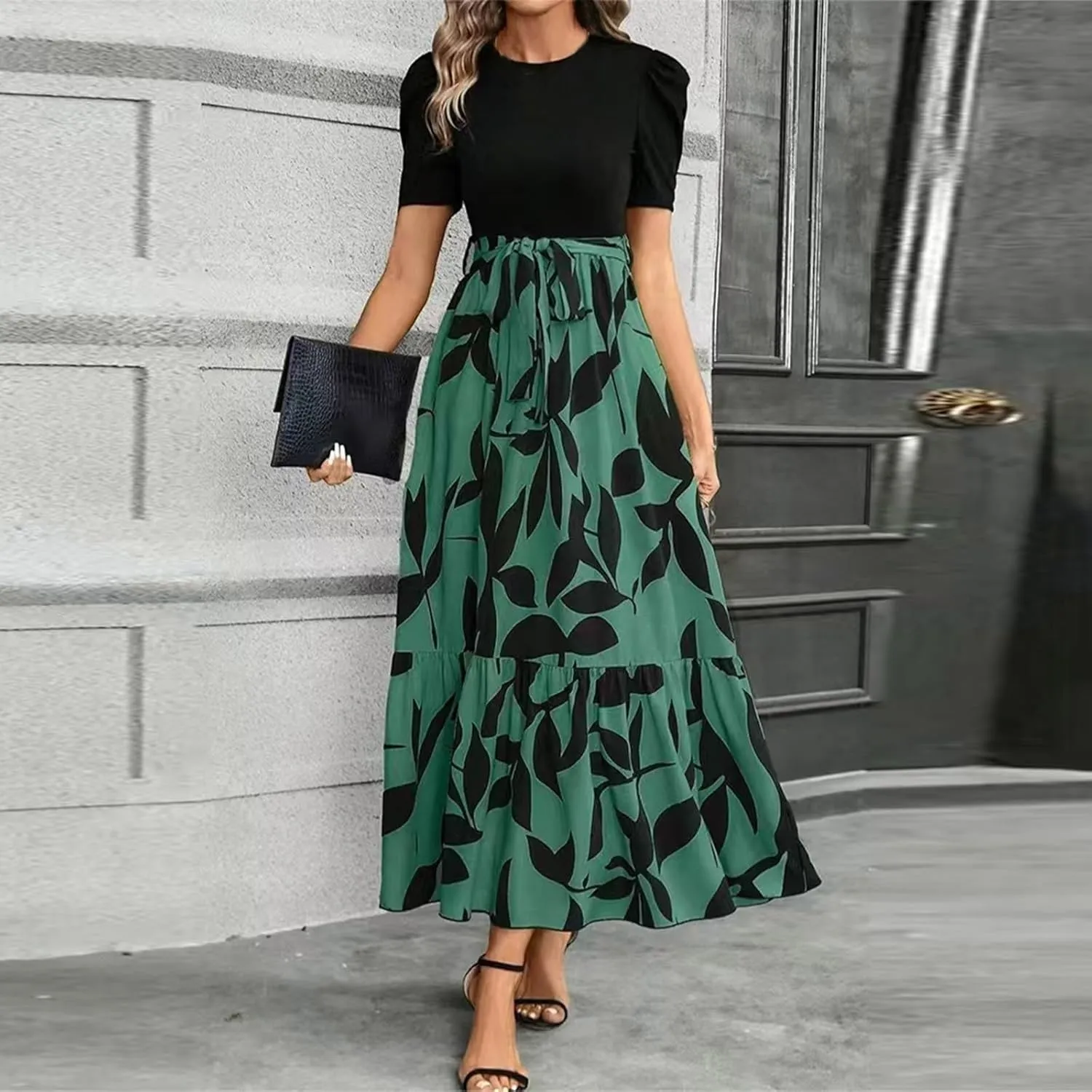 Floral Maxi Dresses for Women Elegant Patchwork Short Sleeve Tie Waist Wrap Dress Boho Summer Casual Teacher Dresses
