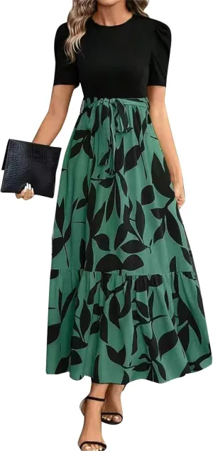 Floral Maxi Dresses for Women Elegant Patchwork Short Sleeve Tie Waist Wrap Dress Boho Summer Casual Teacher Dresses