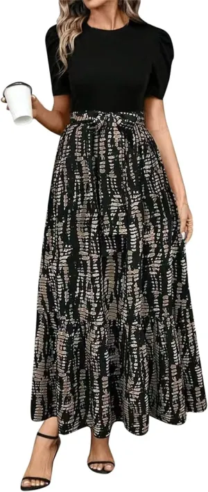 Floral Maxi Dresses for Women Elegant Patchwork Short Sleeve Tie Waist Wrap Dress Boho Summer Casual Teacher Dresses