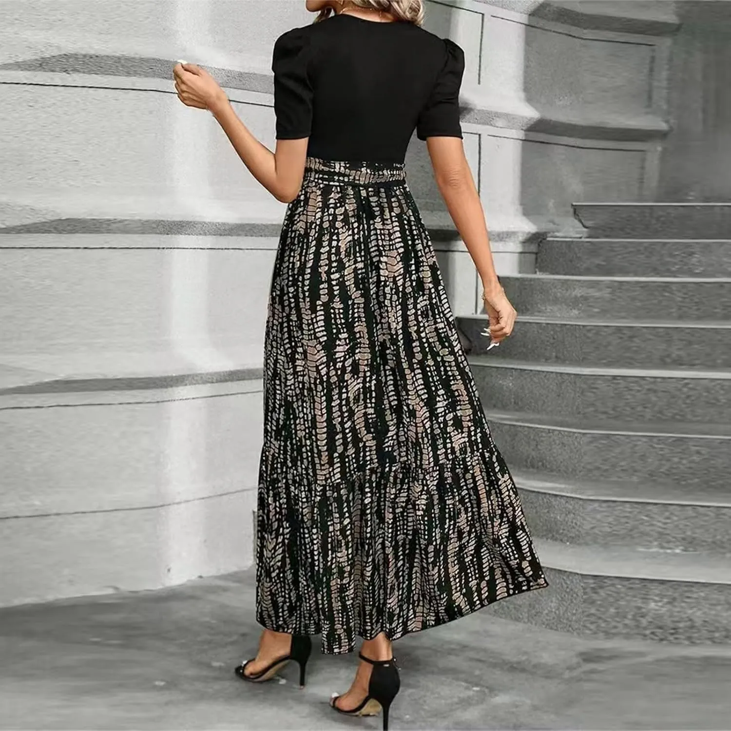 Floral Maxi Dresses for Women Elegant Patchwork Short Sleeve Tie Waist Wrap Dress Boho Summer Casual Teacher Dresses