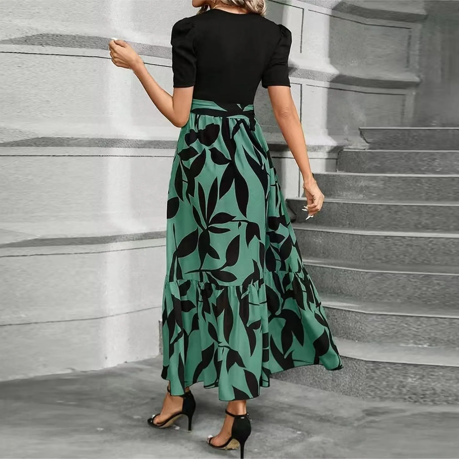 Floral Maxi Dresses for Women Elegant Patchwork Short Sleeve Tie Waist Wrap Dress Boho Summer Casual Teacher Dresses