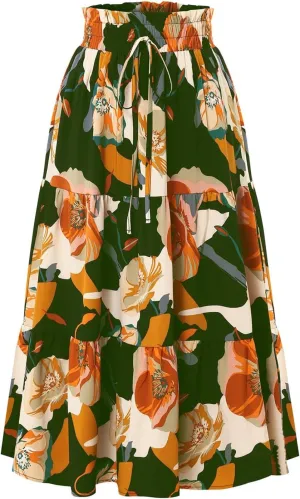 Floral Pleated Skirts for Women Drawstring High Waist Boho Maxi Skirts Summer Flowy Tiered Pleated Beach A Line Skirt