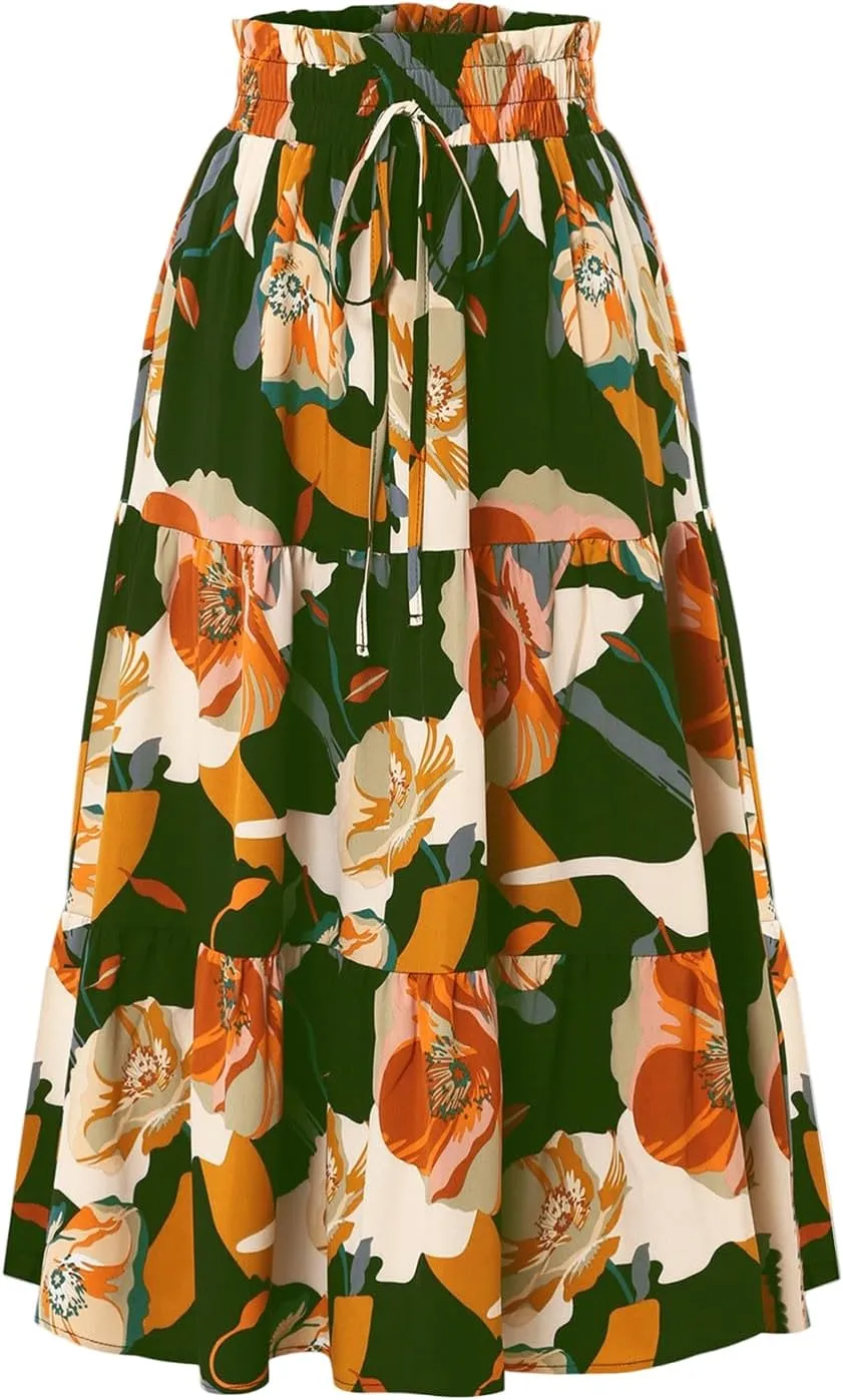 Floral Pleated Skirts for Women Drawstring High Waist Boho Maxi Skirts Summer Flowy Tiered Pleated Beach A Line Skirt