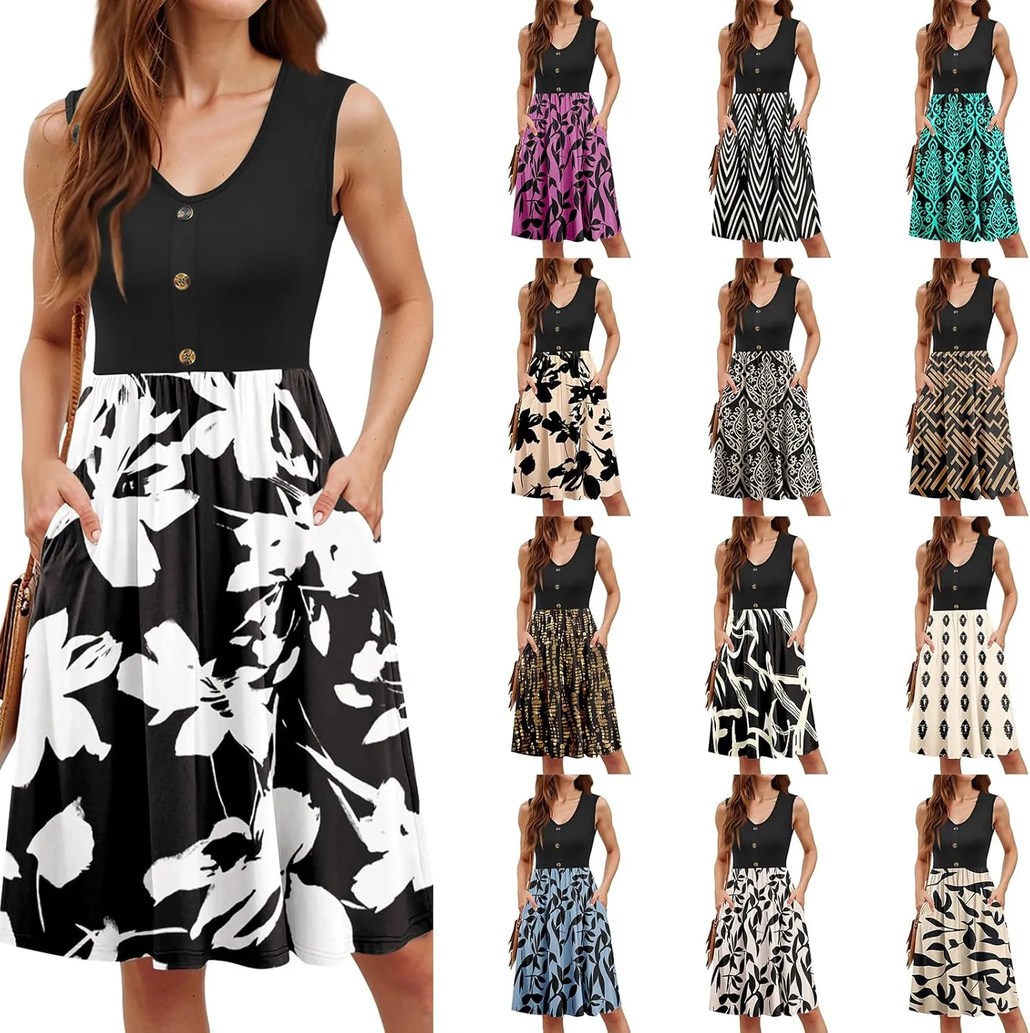 Floral Short Dress Women Knee Length Button Down V-Neck Sleeveless Tank Dress Stylish Summer Boho Dresses 2025