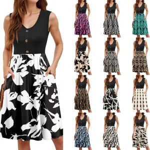 Floral Short Dress Women Knee Length Button Down V-Neck Sleeveless Tank Dress Stylish Summer Boho Dresses 2025