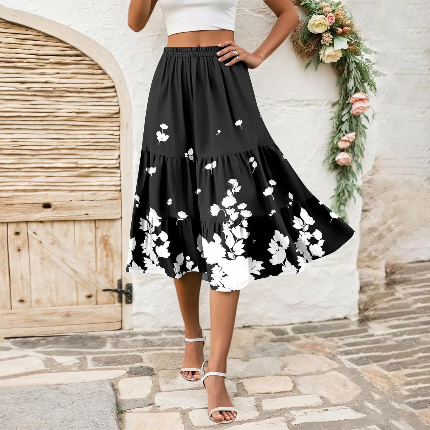 Floral Skirts for Women Boho Flowy Beach Calf Length Midi Skirt Vacation Tiered Elastic High Waisted Skirts Spring