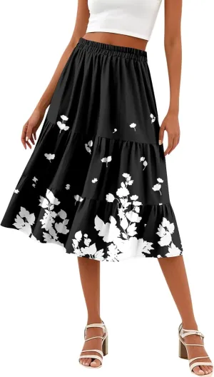 Floral Skirts for Women Boho Flowy Beach Calf Length Midi Skirt Vacation Tiered Elastic High Waisted Skirts Spring