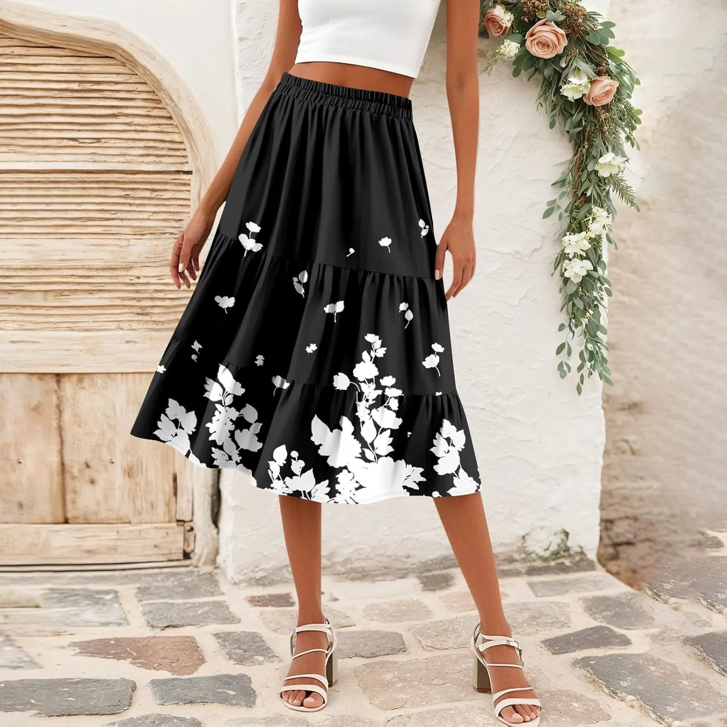 Floral Skirts for Women Boho Flowy Beach Calf Length Midi Skirt Vacation Tiered Elastic High Waisted Skirts Spring