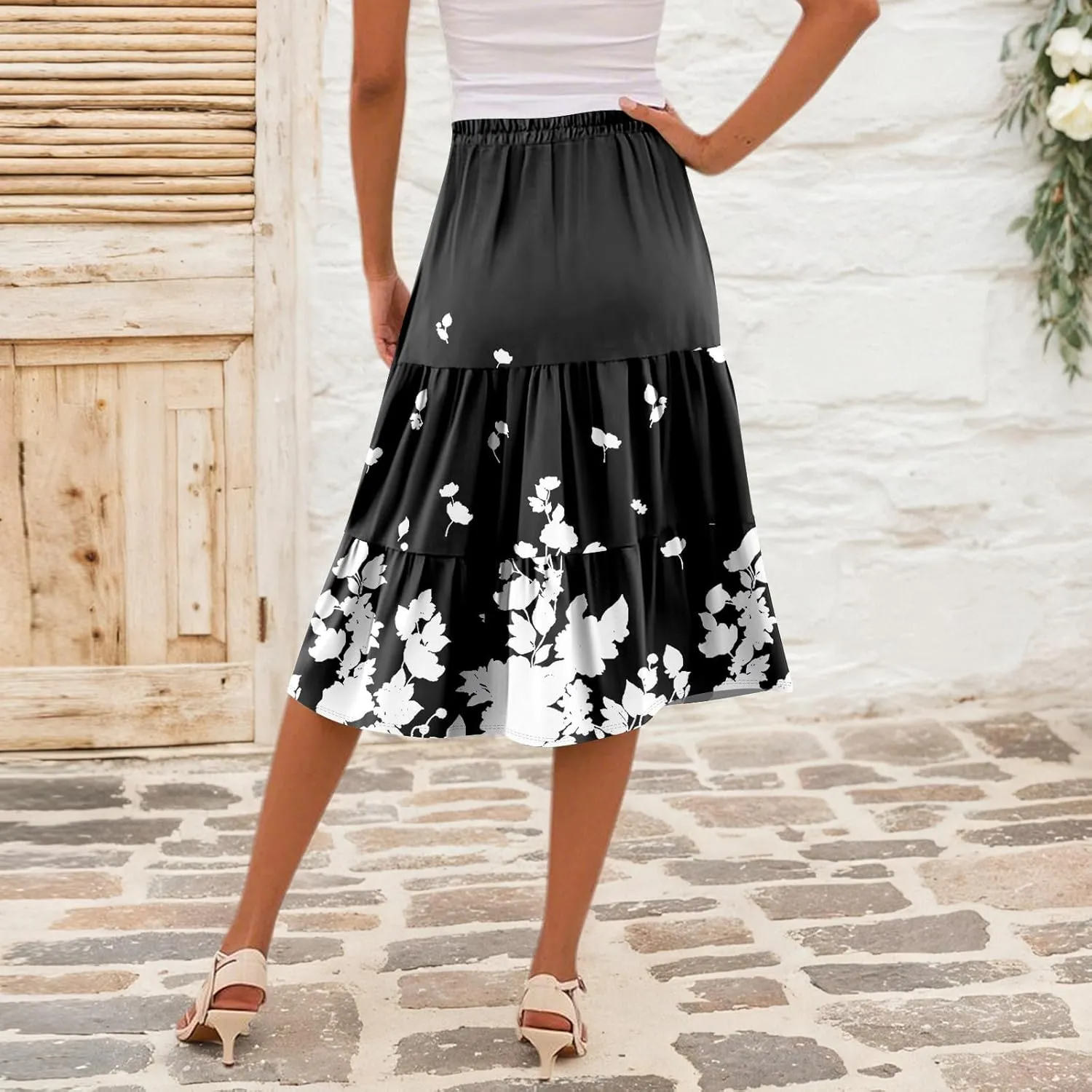 Floral Skirts for Women Boho Flowy Beach Calf Length Midi Skirt Vacation Tiered Elastic High Waisted Skirts Spring