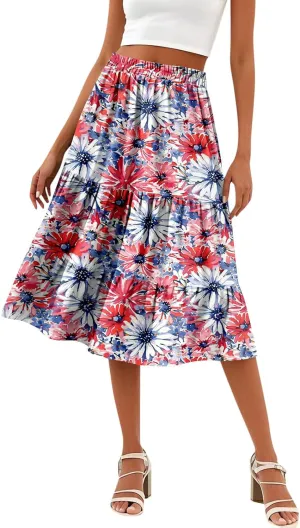 Floral Skirts for Women Boho Flowy Beach Calf Length Midi Skirt Vacation Tiered Elastic High Waisted Skirts Spring