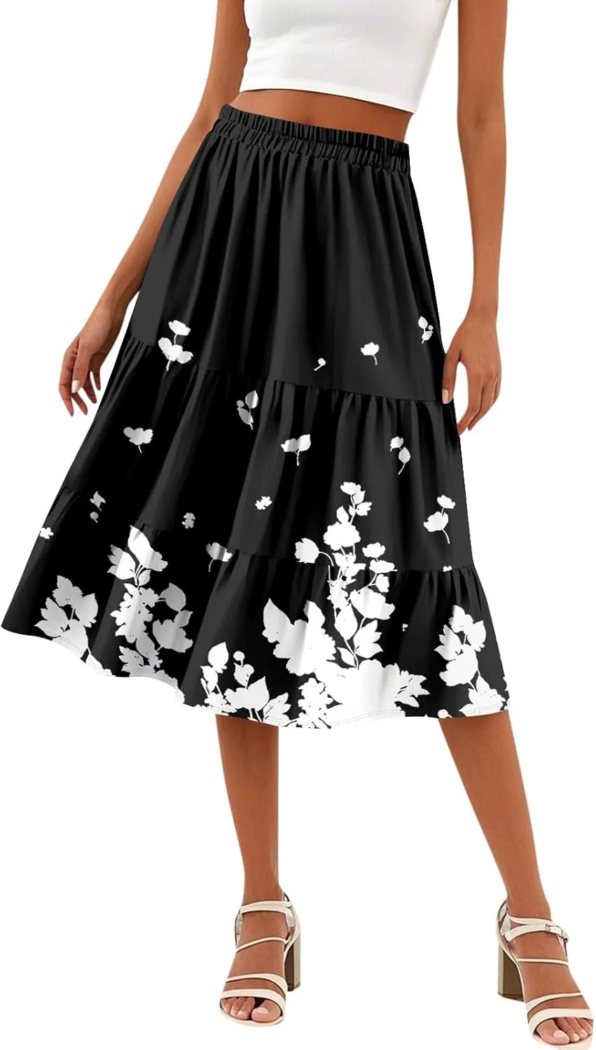 Floral Skirts for Women Boho Flowy Beach Calf Length Midi Skirt Vacation Tiered Elastic High Waisted Skirts Spring