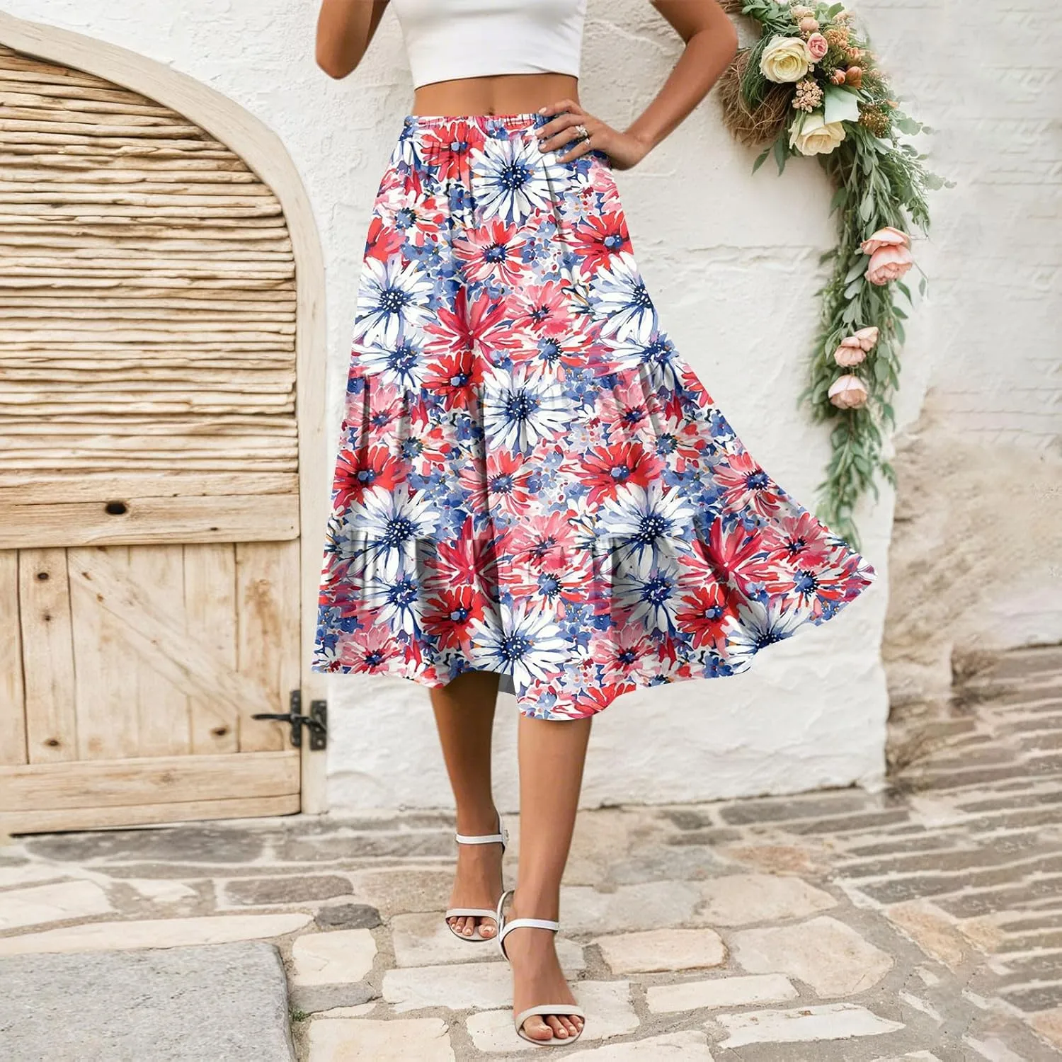 Floral Skirts for Women Boho Flowy Beach Calf Length Midi Skirt Vacation Tiered Elastic High Waisted Skirts Spring