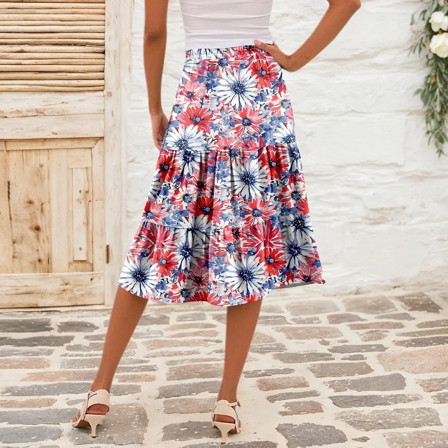 Floral Skirts for Women Boho Flowy Beach Calf Length Midi Skirt Vacation Tiered Elastic High Waisted Skirts Spring