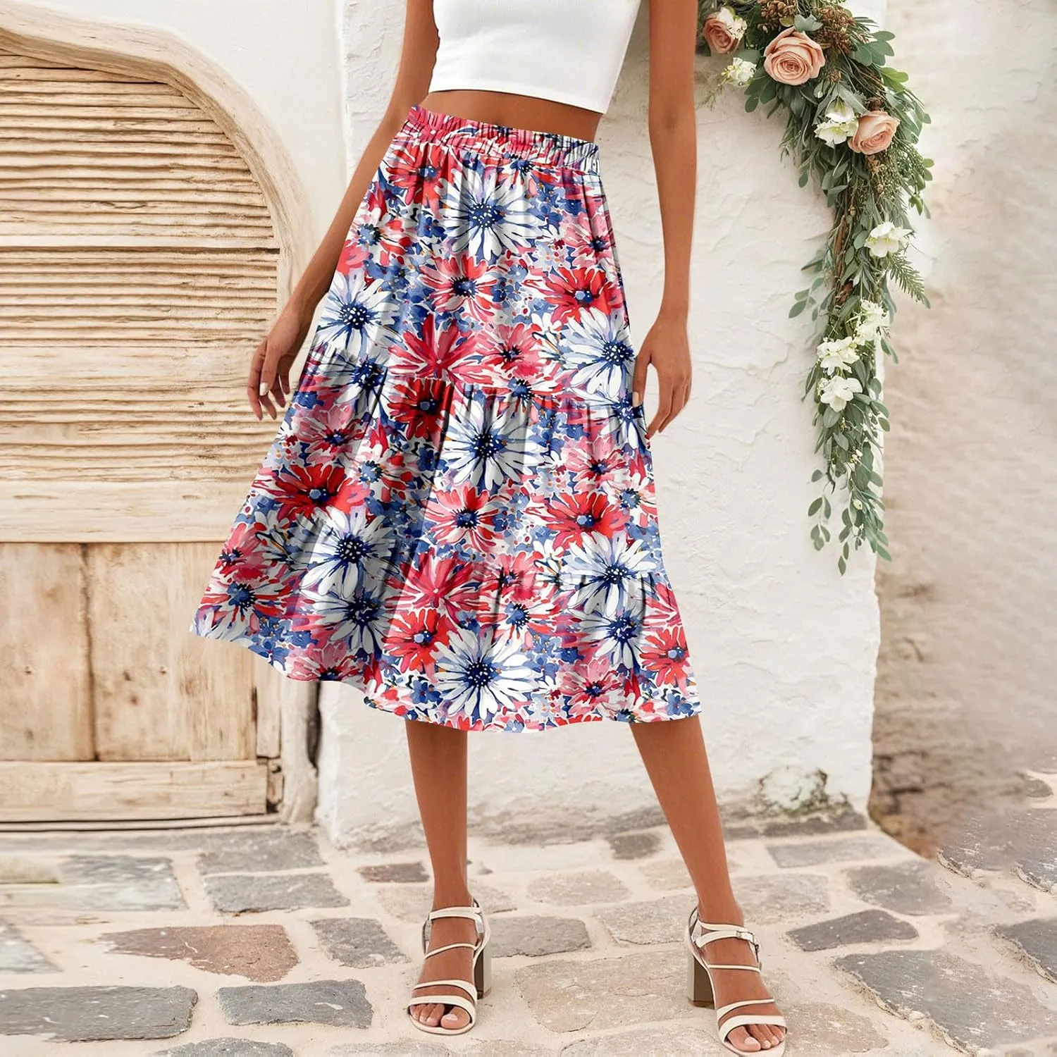 Floral Skirts for Women Boho Flowy Beach Calf Length Midi Skirt Vacation Tiered Elastic High Waisted Skirts Spring