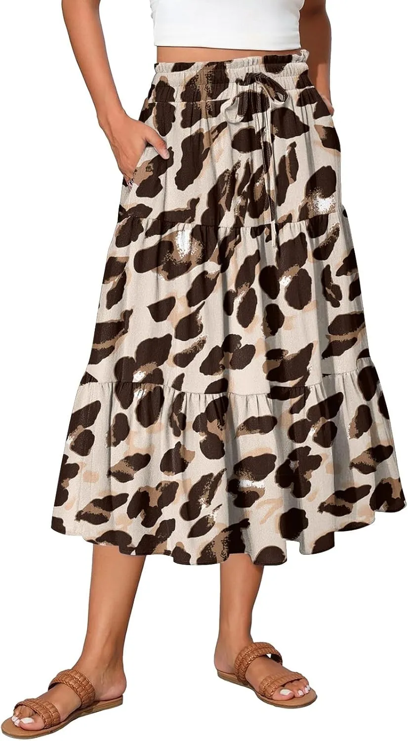Floral Skirts for Women Midi Length Flutter Beach Flowy Vacation Trendy Festival Casual Peasant Swing Going Out Cute Skirts