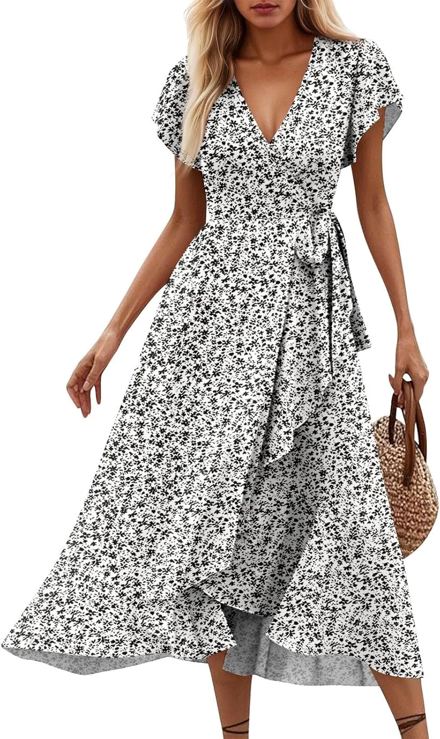 Floral Wrap Dresses for Women 2025 Elegant Classy Summer Sexy Flowy Deep V Neck Tie Waist Midi Dress Ruffle Hem