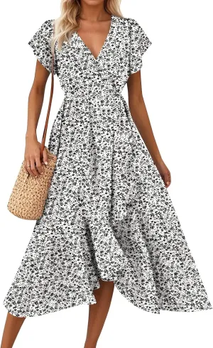 Floral Wrap Dresses for Women 2025 Elegant Classy Summer Sexy Flowy Deep V Neck Tie Waist Midi Dress Ruffle Hem