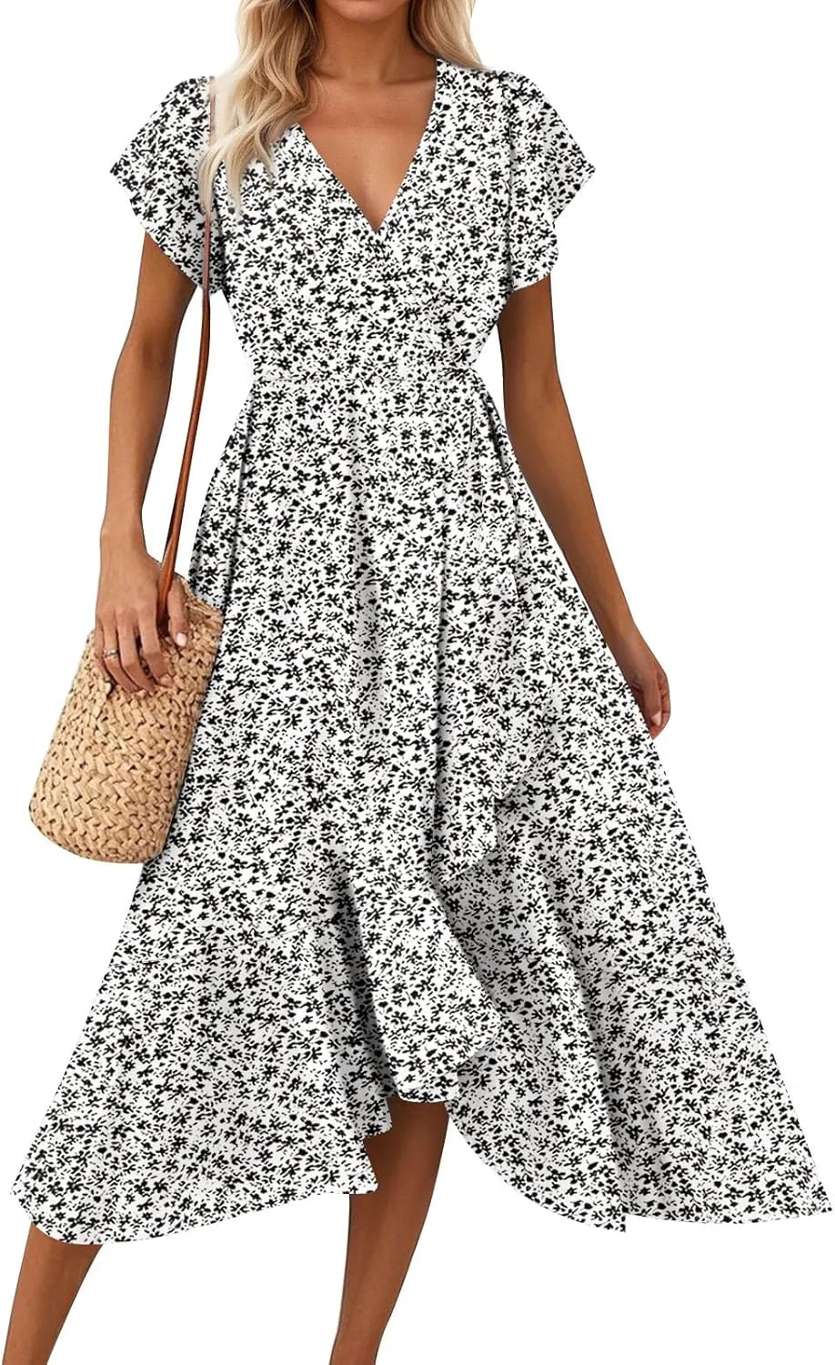Floral Wrap Dresses for Women 2025 Elegant Classy Summer Sexy Flowy Deep V Neck Tie Waist Midi Dress Ruffle Hem