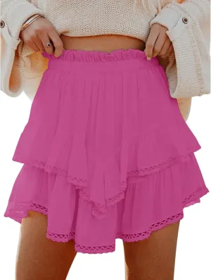 Flowy Skirts for Women Ruffle Tiered Skorts Mini Skirts Elastic High Waist Pleated Skirt Golf Tennis Crochet Shorts
