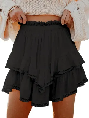 Flowy Skirts for Women Ruffle Tiered Skorts Mini Skirts Elastic High Waist Pleated Skirt Golf Tennis Crochet Shorts