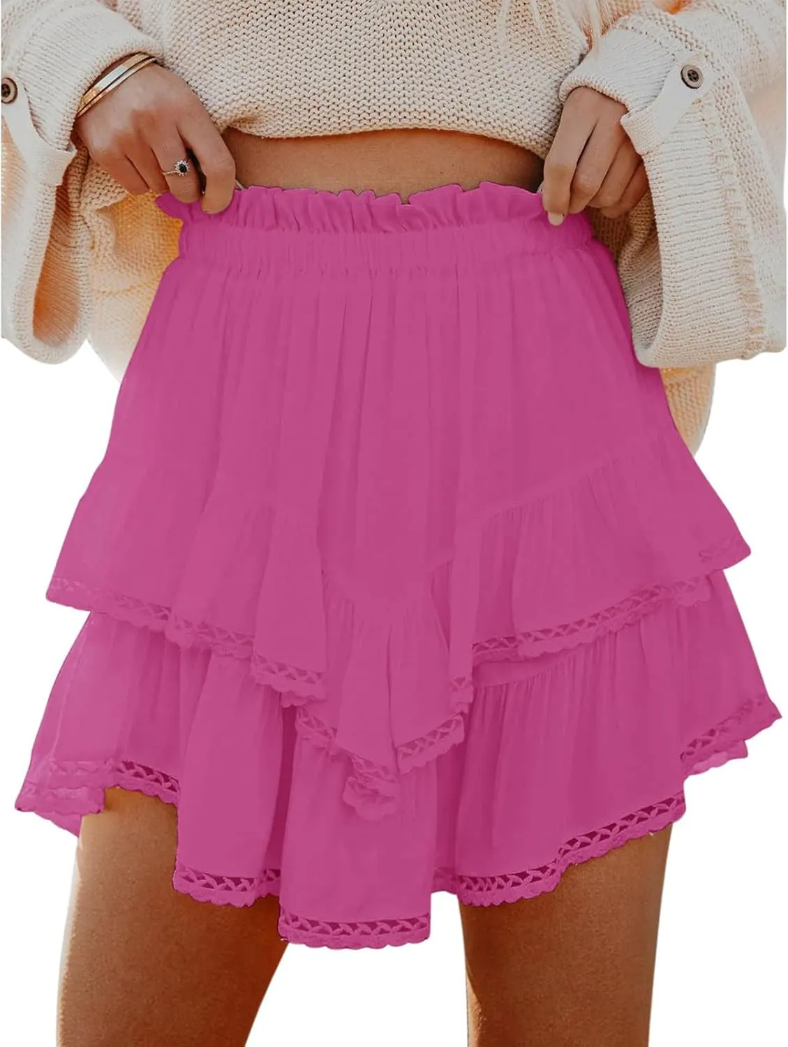 Flowy Skirts for Women Ruffle Tiered Skorts Mini Skirts Elastic High Waist Pleated Skirt Golf Tennis Crochet Shorts