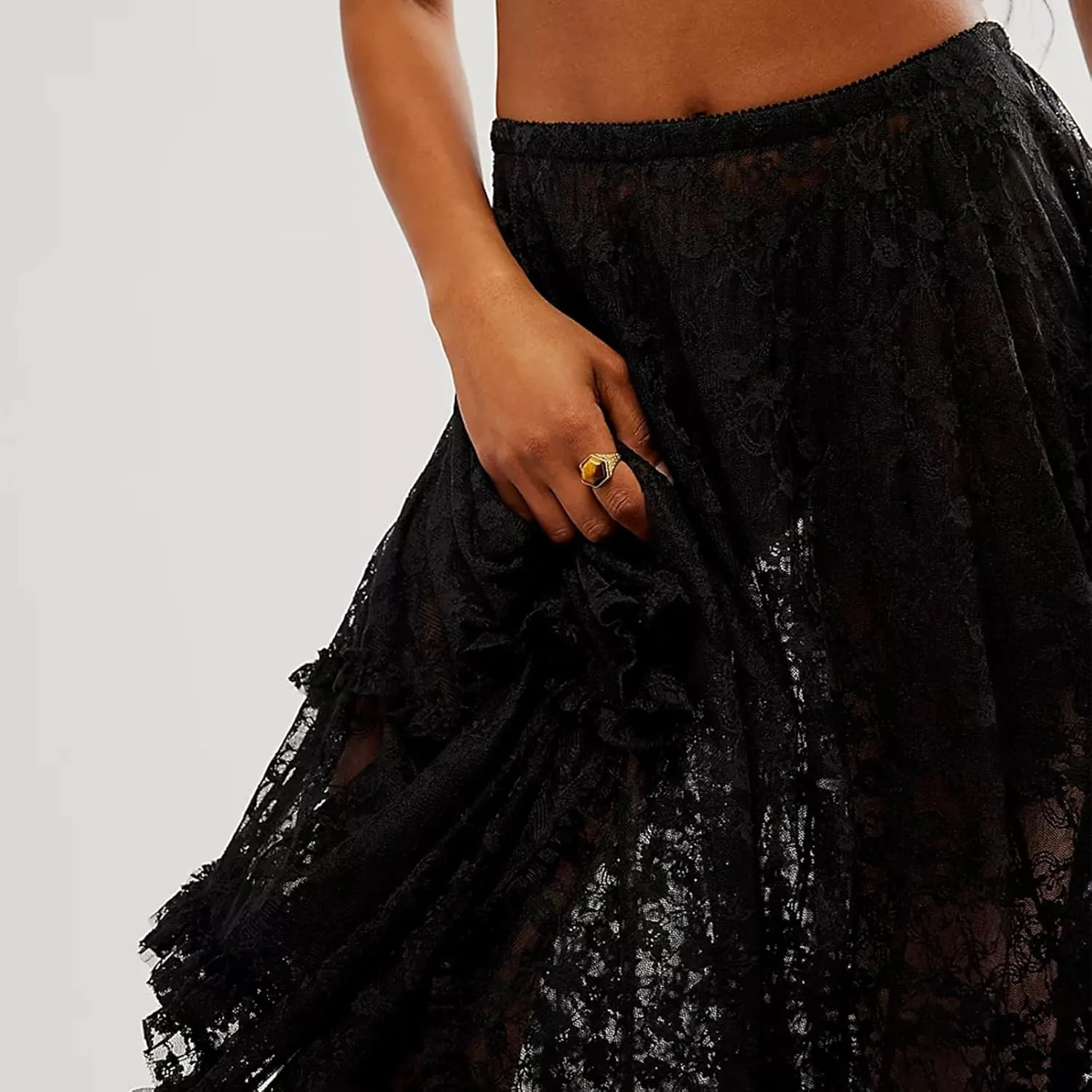 FOMOYUU Floral Lace Long Skirt for Women Y2K Elastic Waist Asymmetrical Layered Maxi Skirt Sexy See Through Flowy Beach Skirt