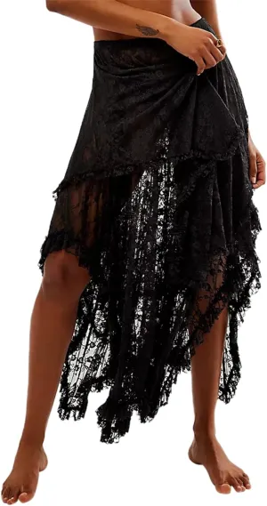 FOMOYUU Floral Lace Long Skirt for Women Y2K Elastic Waist Asymmetrical Layered Maxi Skirt Sexy See Through Flowy Beach Skirt