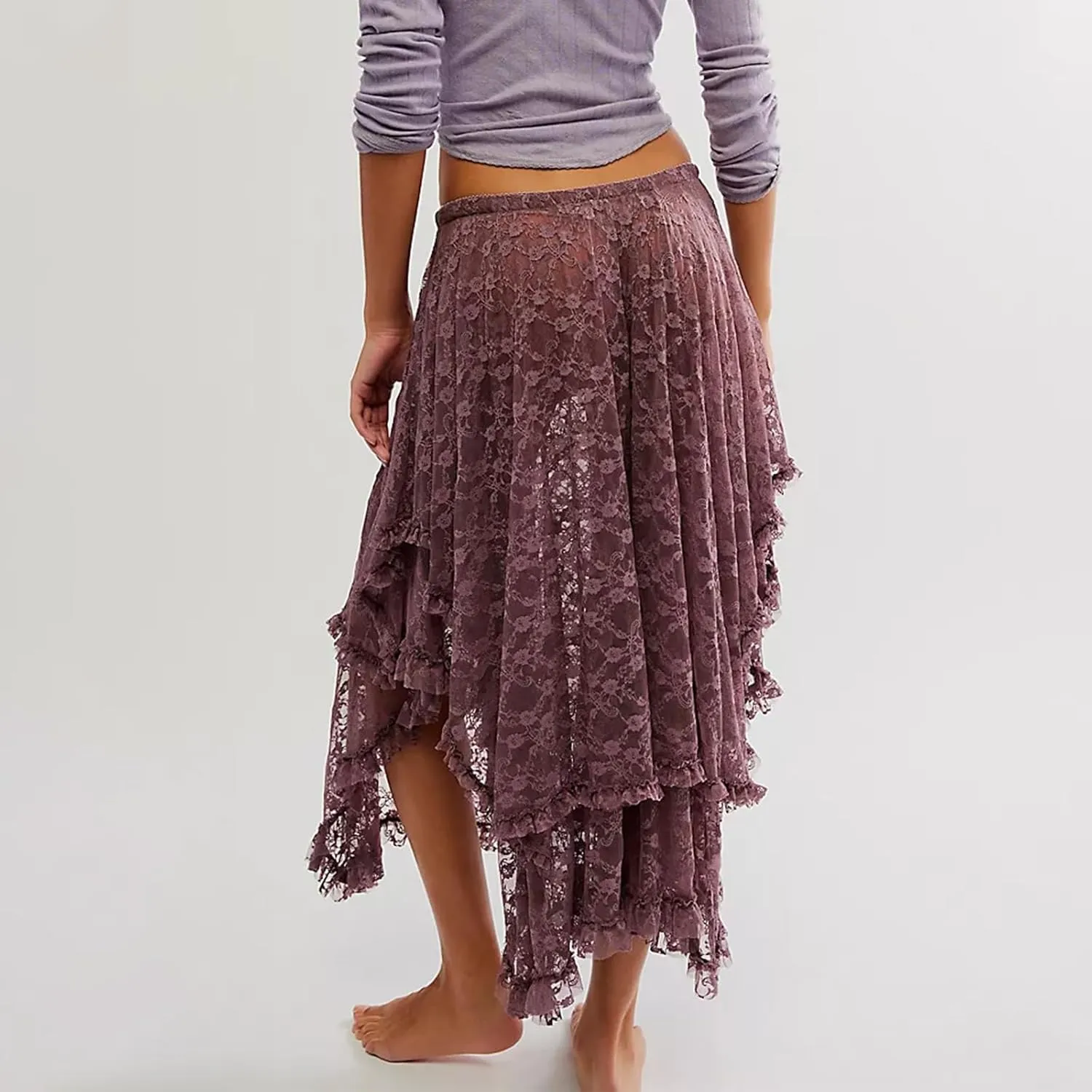 FOMOYUU Floral Lace Long Skirt for Women Y2K Elastic Waist Asymmetrical Layered Maxi Skirt Sexy See Through Flowy Beach Skirt