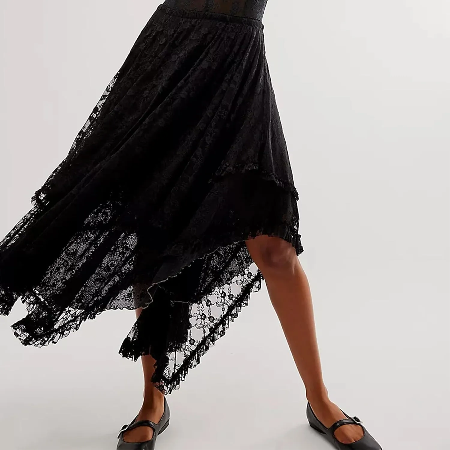 FOMOYUU Floral Lace Long Skirt for Women Y2K Elastic Waist Asymmetrical Layered Maxi Skirt Sexy See Through Flowy Beach Skirt