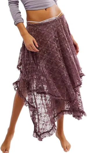 FOMOYUU Floral Lace Long Skirt for Women Y2K Elastic Waist Asymmetrical Layered Maxi Skirt Sexy See Through Flowy Beach Skirt