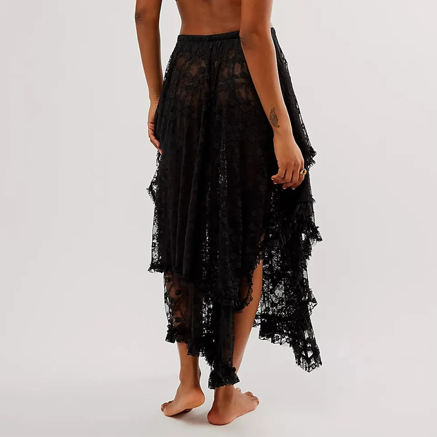 FOMOYUU Floral Lace Long Skirt for Women Y2K Elastic Waist Asymmetrical Layered Maxi Skirt Sexy See Through Flowy Beach Skirt