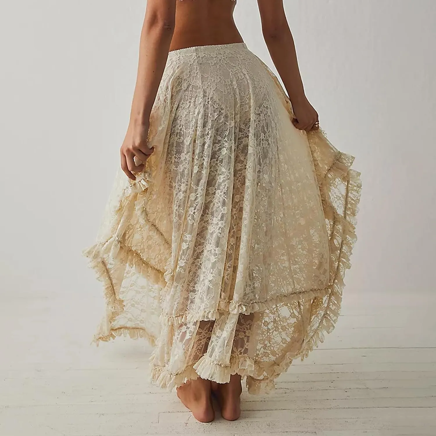 FOMOYUU Floral Lace Long Skirt for Women Y2K Elastic Waist Asymmetrical Layered Maxi Skirt Sexy See Through Flowy Beach Skirt