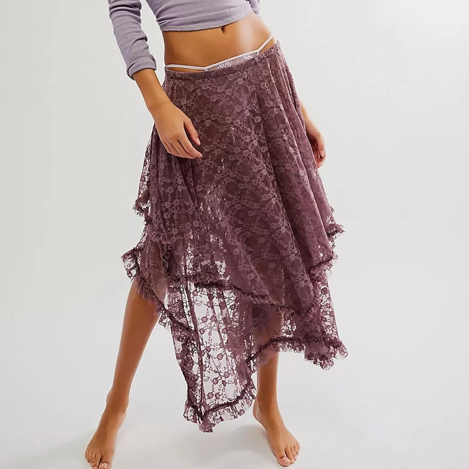 FOMOYUU Floral Lace Long Skirt for Women Y2K Elastic Waist Asymmetrical Layered Maxi Skirt Sexy See Through Flowy Beach Skirt