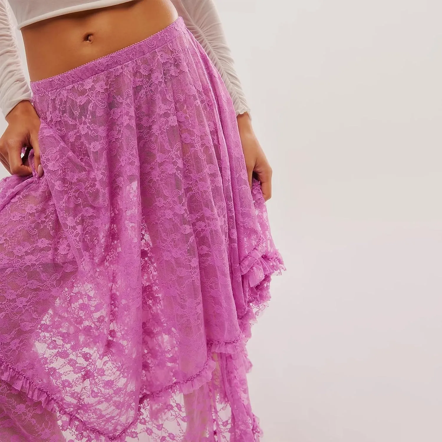 FOMOYUU Floral Lace Long Skirt for Women Y2K Elastic Waist Asymmetrical Layered Maxi Skirt Sexy See Through Flowy Beach Skirt